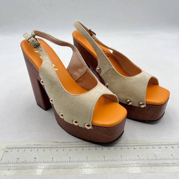 YDN Beige Rivet Studded Platform Block High Heeled Sandals Slingback Buckle Shoe - Picture 4 of 8